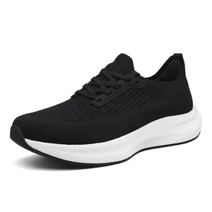 Breathable black mesh running shoes with lightweight white sole and knitted texture