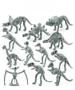 Detailed set of 12 miniature antique grey dinosaur skeleton fossil models on white backdrop