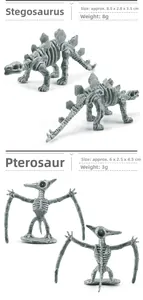 Detailed views of Stegosaurus and Pterosaur skeleton models with size specifications