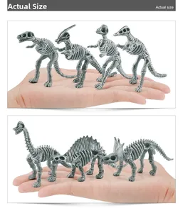 Macro view of 7 mini dinosaur skeleton fossils in hand showing actual size and textures