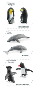 Detailed view of realistic emperor penguin, blue whale, and macaroni penguin toy models