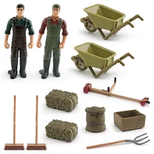 Set de figuras de granjeros con cortacéspedes, carretas, palas y herramientas reales