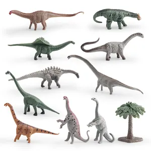 Educational 9-piece miniature dinosaur toy set with palm tree models on white background
