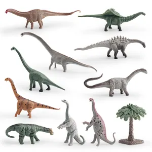Miniature dinosaur figurine set with 9 detailed dinosaurs and a realistic palm tree model