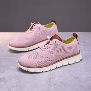 Chaussures de marche à lacets respirantes en maille rose pour femme avec semelles épaisses