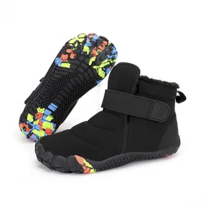 Winter kids fleece barefoot snow boots with velcro straps and camouflage rubber soles