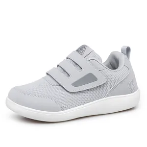Grey walking shoes for seniors with breathable mesh and double hook-and-loop straps