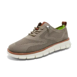 Breathable khaki knitted loafers for men with white midsole and brown pull tab