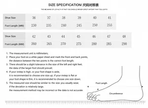 Winter thermal padded shoes size chart from 36 to 48 with precise foot length measurements