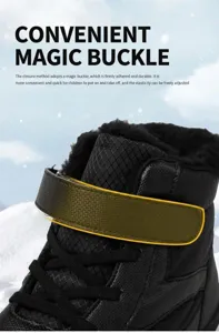 Macro detail of children's snow boots with hook-and-loop closure and plush lining