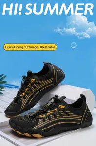 Detail of quick-dry water shoes with breathable mesh and anti-slip yellow rubber sole