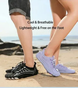 Quick-dry water shoes with breathable mesh upper and anti-slip rubber sole on beach