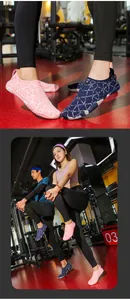 Detalle de zapatos de agua transpirables rosa y azul con parte superior elástica y suela