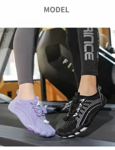 Breathable barefoot shoes for gym and water sports worn by a model on a treadmill