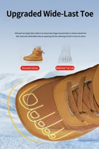 Detailed view of the wide toe box and warm plush lining on brown winter snow boots