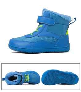 Detailed views of kids snow boots with blue synthetic leather and warm fleece lining