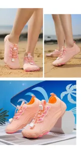 Detail of salmon pink water shoes featuring quick-lace system and five-toe rubber outsole