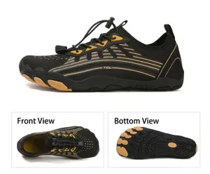 Detailed views of quick-dry barefoot water shoes with non-slip sole and toggle lace system