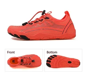 Detailed top and bottom views of orange quick-dry water shoes with anti-slip rubber soles