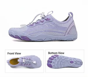 Detail view of purple water shoes showing quick-lace system and bionic non-slip rubber sole