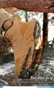 Detailed view of brown waterproof snow boots with thick fur lining and anti-slip TPR sole