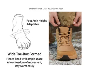 Detail of wide last design khaki snow boots with warm plush lining for maximum comfort