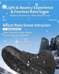 Close-up of waterproof winter boots showing non-slip sole and premium leather texture
