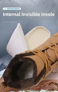 Detail of warm plush lining and thick removable thermal insole for khaki snow boots