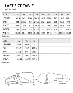 Technical size chart for winter snow boots showing last length and width for sizes 36-47