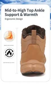 Detail of waterproof brown winter boots with thick fur lining and anti-slip rubber sole
