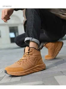 Detail view of khaki winter boots featuring warm fleece lining and thick anti-slip sole