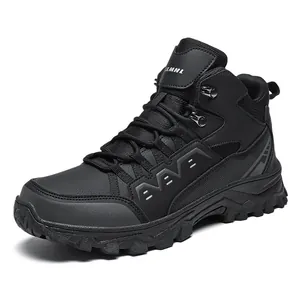 Men's mid-top black hiking boots with breathable mesh and anti-slip rubber soles