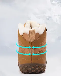 Detail view of winter boot with thick white faux fur lining and anti-slip rubber outsole