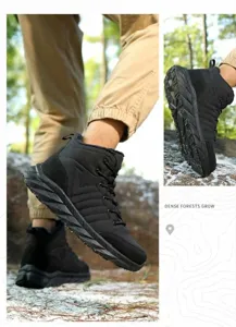 Close-up of waterproof black snow boots with non-slip rubber soles for outdoor hiking