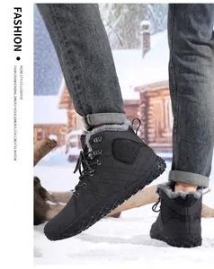 Macro shot of non-slip winter snow boots with warm faux fur lining on a snowy landscape