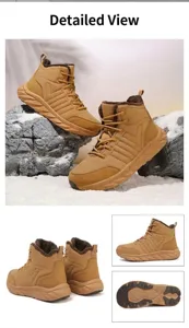 Close-up of winter snow boots with thick faux fur lining and anti-slip rubber outsole