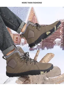 Detail of waterproof winter boots with thick fur lining and anti-slip rubber sole in snow