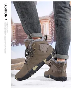 Outdoor shot of winter snow boots featuring warm faux-fur lining and quilted leather texture