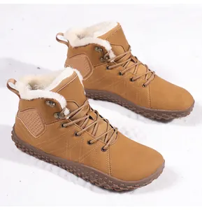Close-up of khaki winter snow boots with warm faux fur lining and anti-slip rubber soles
