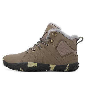 Detail view of the plush grey lining and durable metal eyelets on khaki winter boots