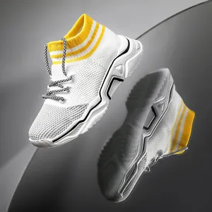 Scarpe a calzino per bambini in maglia bianca e gialla con suola spessa ammortizzata