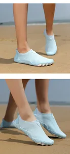 Detailed view of quick-dry water shoes featuring light blue breathable mesh and non-slip sole