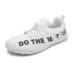 White breathable mesh water shoes with non-slip rubber soles and drawstring closure