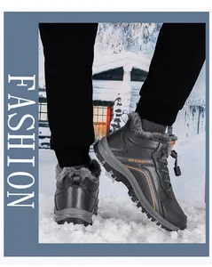 Detail of high-top winter snow boots with thick faux fur lining and anti-slip rubber sole