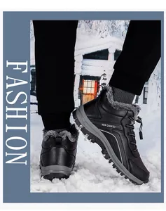 Close-up of winter snow boots featuring thick gray faux fur lining and black leather