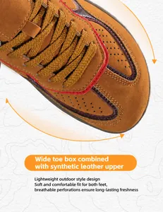 Detail of hiking shoe featuring synthetic leather upper with breathable perforations