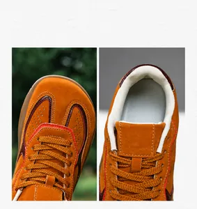 Close-up of hiking shoe with anti-collision toe cap and breathable yellow suede fabric