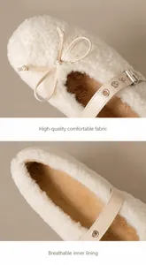 Dettaglio ballerine Mary Jane in peluche crema con cinturino in pelle e decoro a fiocco