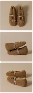 Dettaglio scarpe Mary Jane in peluche marrone con fiocco e cinturino in pelle