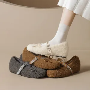Scarpe Basse Mary Jane in Simil Montone da Donna Cinturino con Fibbia a Fiocco Rialzo Interno Calde Ballerine Pelose Invernali